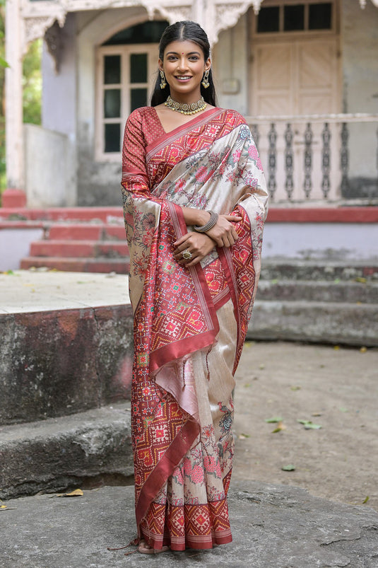 Delightful Maroon Color Floral Printed Soft Tussar Silk Fabric Casual Saree