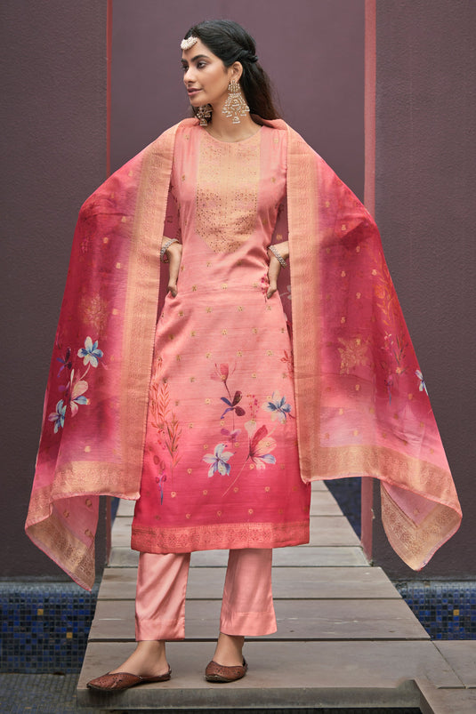 Pink Color Casual Digital Printed Salwar Suit In Chanderi Jacquard Fabric