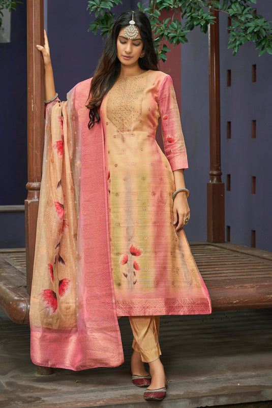 Chanderi Jacquard Fabric Digital Printed Casual Salwar Kameez In Peach Color