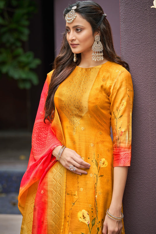 Beautiful Digital Printed Chanderi Jacquard Fabric Casual Salwar Suit In Mustard Color