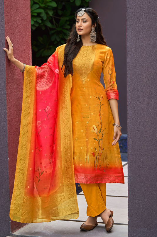 Beautiful Digital Printed Chanderi Jacquard Fabric Casual Salwar Suit In Mustard Color