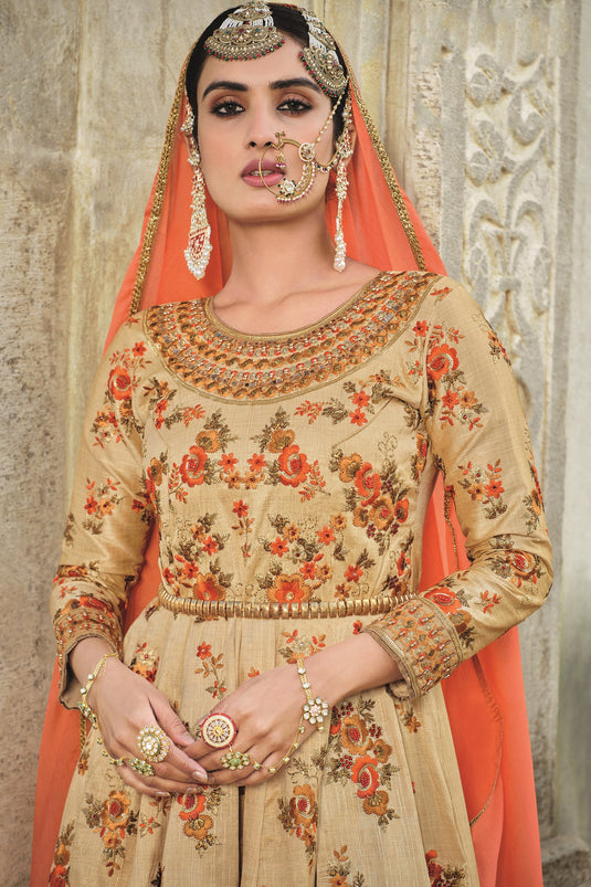 Heavy Embroidered Festive Wear Designer Anarkali Salwar Kameez In Silk Fabric Chikoo Color