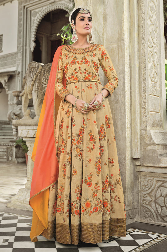Heavy Embroidered Festive Wear Designer Anarkali Salwar Kameez In Silk Fabric Chikoo Color