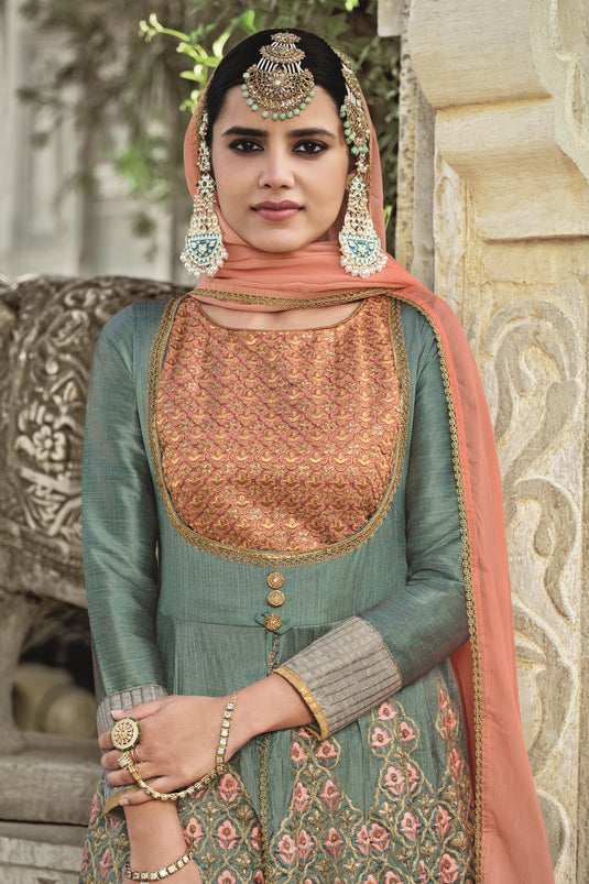 Grey Color Festive Wear Heavy Embroidered Designer Anarkali Salwar Suit In Silk Fabric