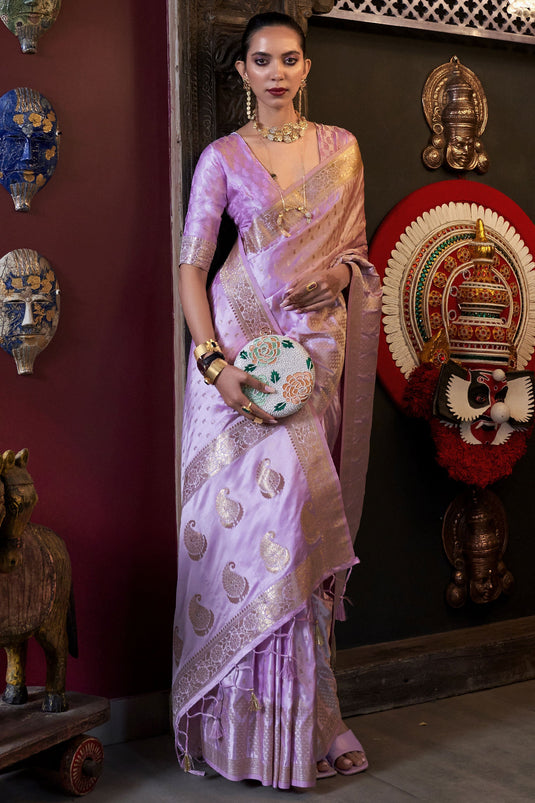 Amazing Weaving Work On Lavender Color Satin Silk Fabric Saree