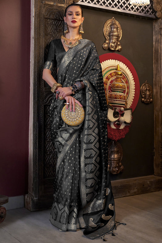 Trendy Satin Silk Fabric Black Color Saree With Weaving Work