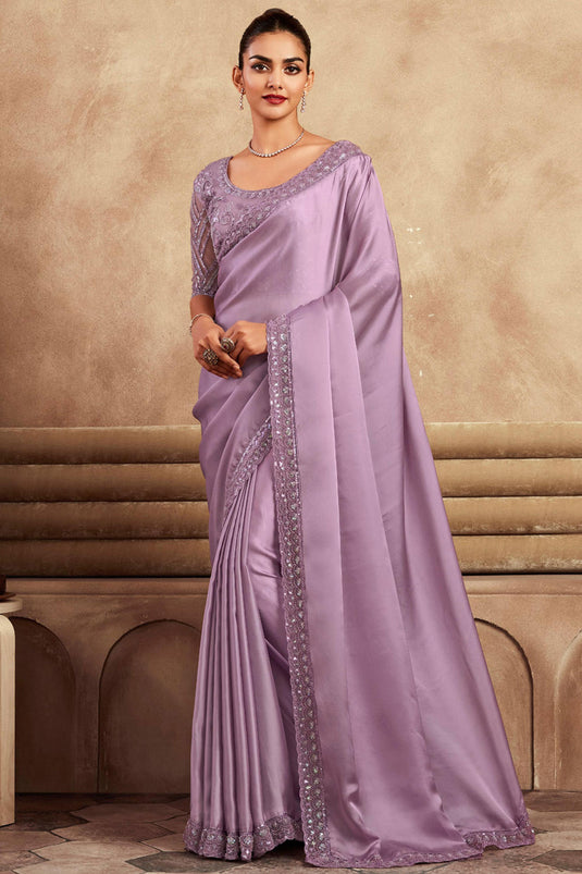 Lavender Color Gorgeous Party Style Satin Silk Saree With Border Work