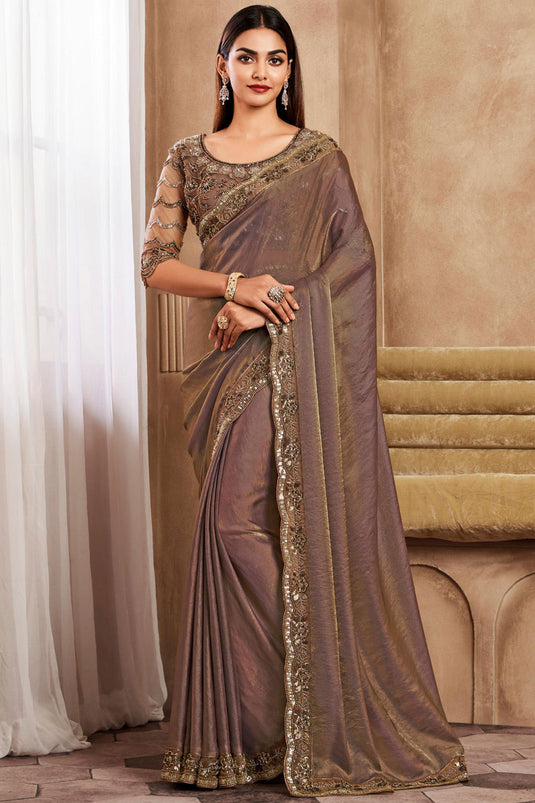 Border Work Imposing Party Style Art Silk Saree In Peach Color