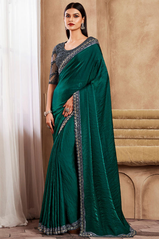 Border Work Soothing Party Style Art Silk Saree In Teal Color