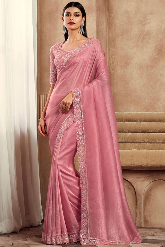 Pink Color Border Work Glamorous Party Style Art Silk Saree