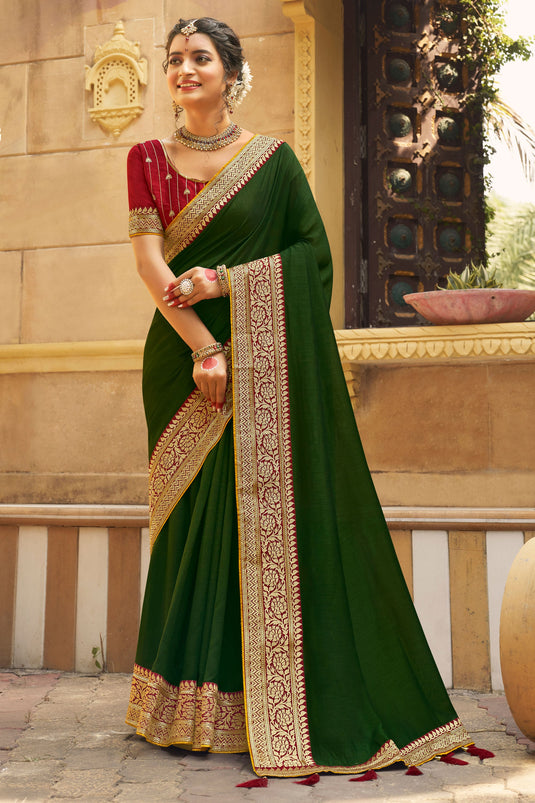 Border Work On Mehendi Green Color Banglori Silk Fabric Princely Saree