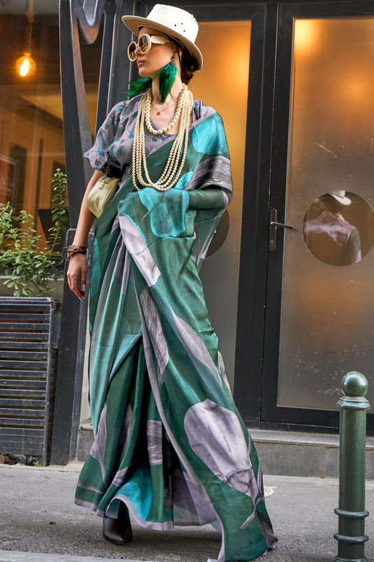 Creative Printed Work On Green Color Art Silk Fabric Saree