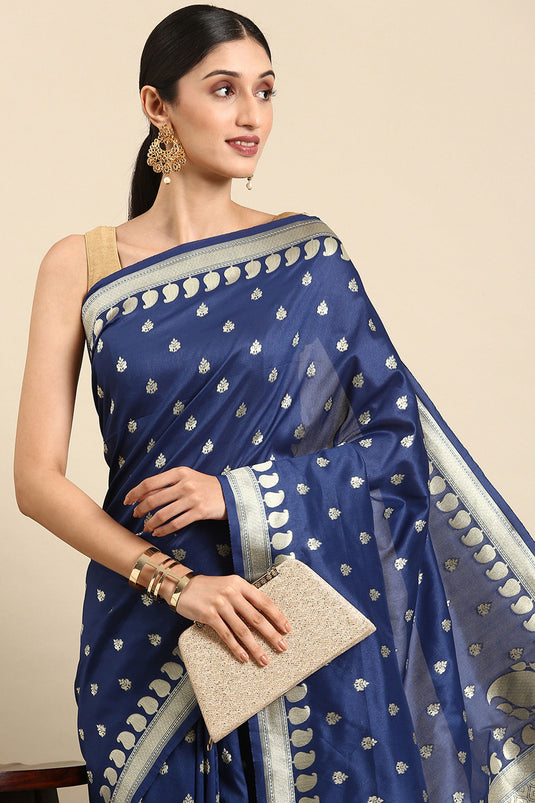 Navy Blue Color Gorgeous Banarsi Cotton Saree With Weaving Work
