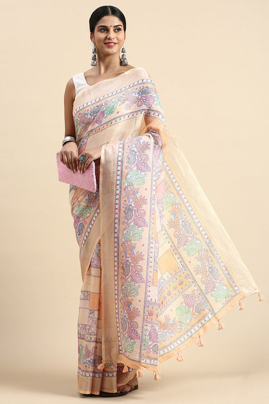 Multi Color Casual Wear Brilliant Printed Linen Saree
