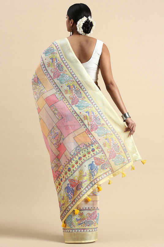 Casual Wear Soothing Printed Linen Saree In Multi Color