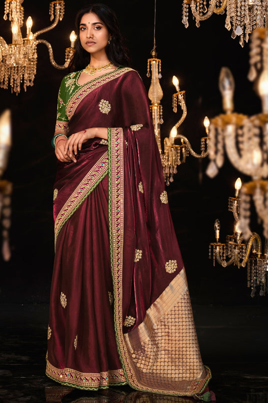 Maroon Color Tissue Fabric Special Saree With Embroidered Work