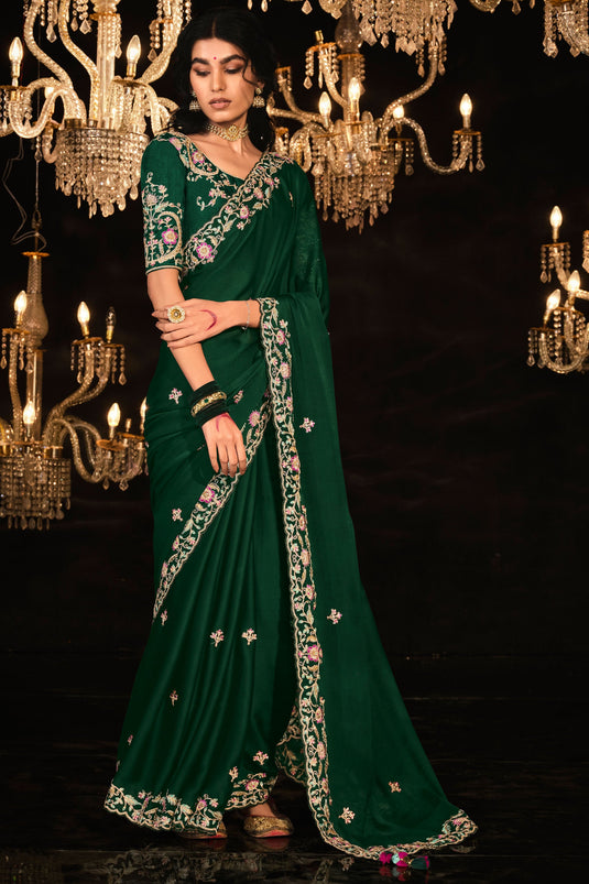 Silk Fabric Green Color Riveting Saree With Embroidered Work