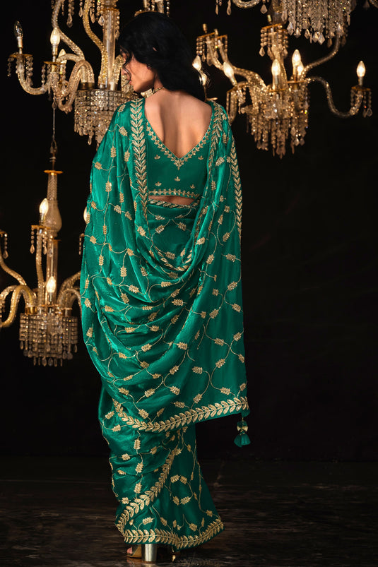 Embroidered Work On Sea Green Color Sober Saree In Tissue Fabric