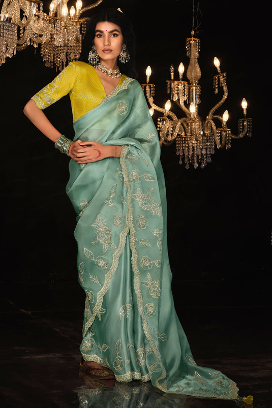 Light Cyan Color Embroidered Work On Organza Fabric Stunning Saree