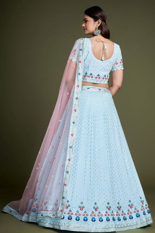 Sangeet Style Georgette Fabric Sequins Work Lehenga in Light Cyan Color
