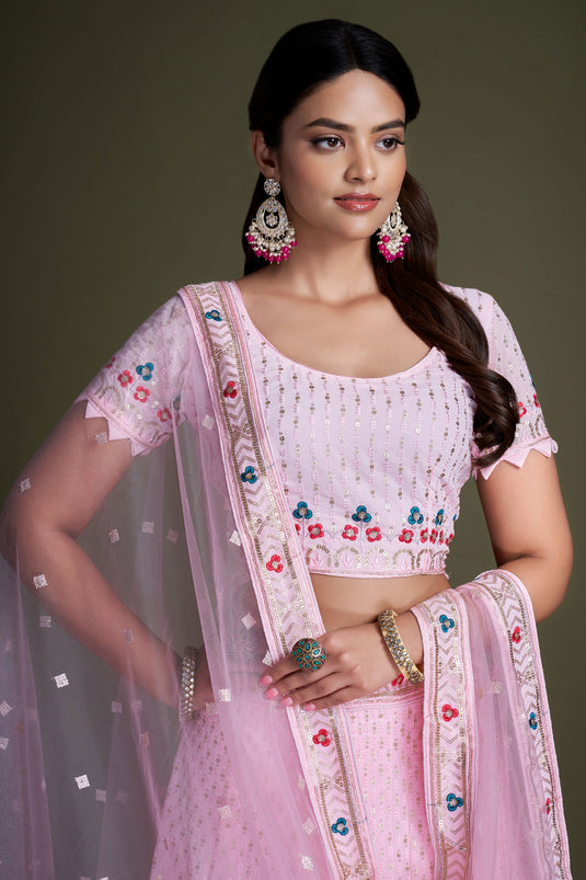 Pink Color Georgette Fabric Sequins Work Lehenga For Sangeet Wear