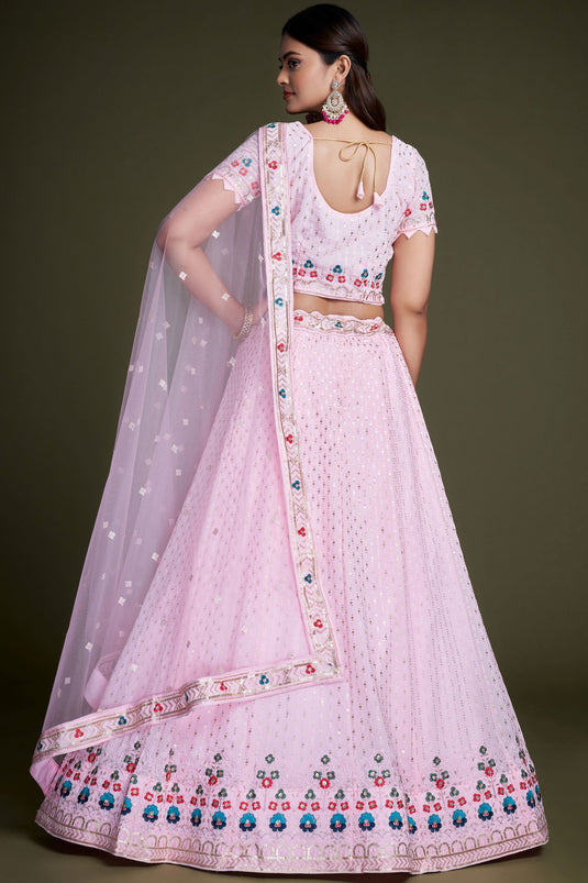 Pink Color Georgette Fabric Sequins Work Lehenga For Sangeet Wear