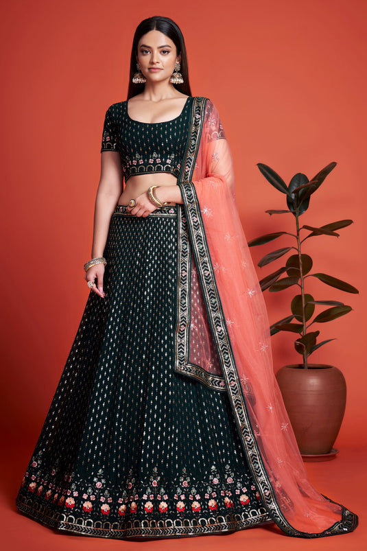 Stunning Teal Color Georgette Fabric Sequins Work Lehenga for Sangeet