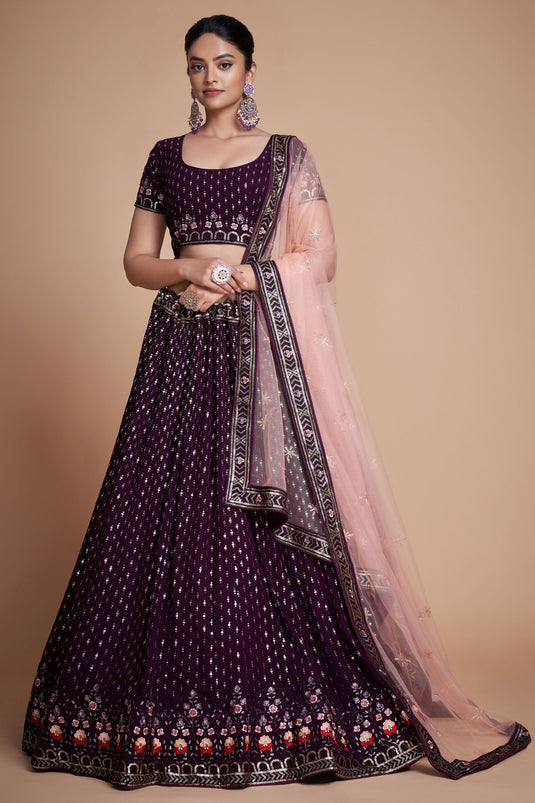 Purple Color Georgette Fabric Sequins Work Lehenga For Sangeet Wear