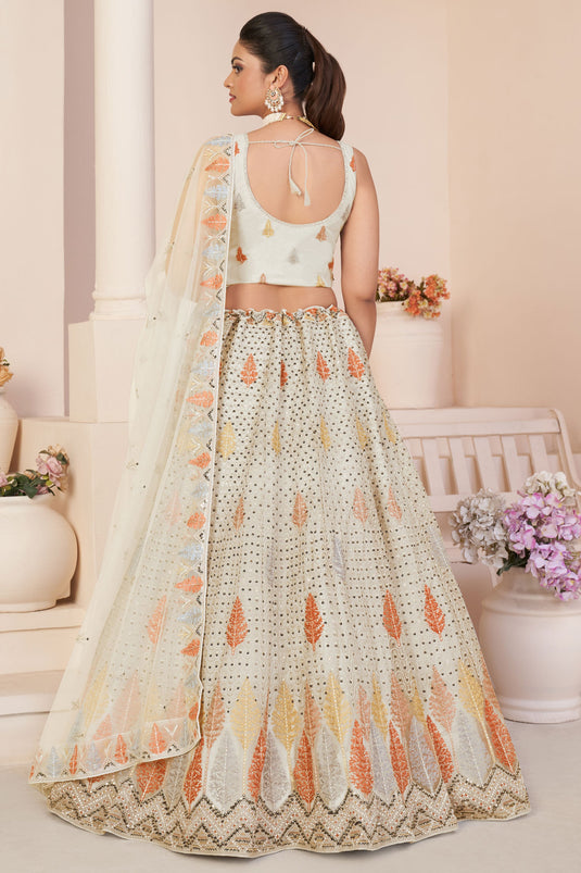 Off White Color Net Fabric Sequins Work Embellished Lehenga