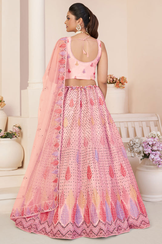 Peach Color Net Fabric Ravishing Sequins Work Lehenga