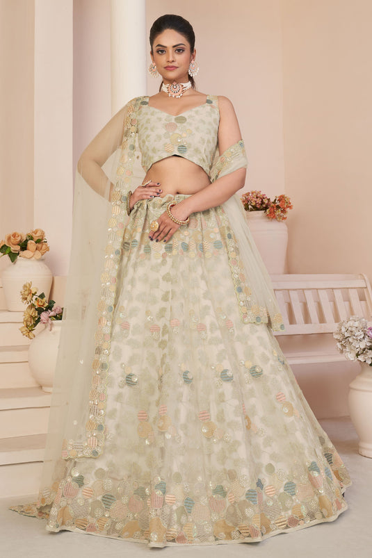Fashionable Beige Color Embroidered Designs Net Fabric Lehenga