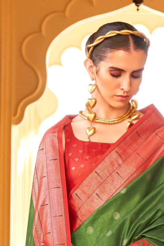Classic Paithini Printed Design On Olive Color Saree In Art Silk Fabric
