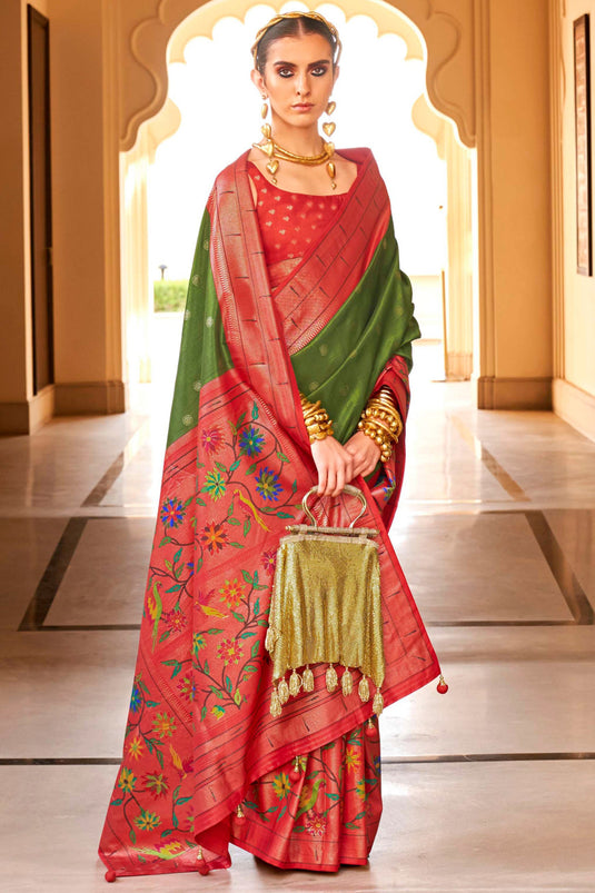 Classic Paithini Printed Design On Olive Color Saree In Art Silk Fabric