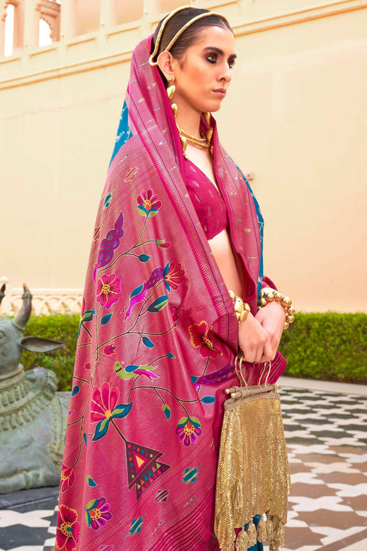 Marvellous Paithini Printed Design On Art Silk Fabric Saree In Cyan Color