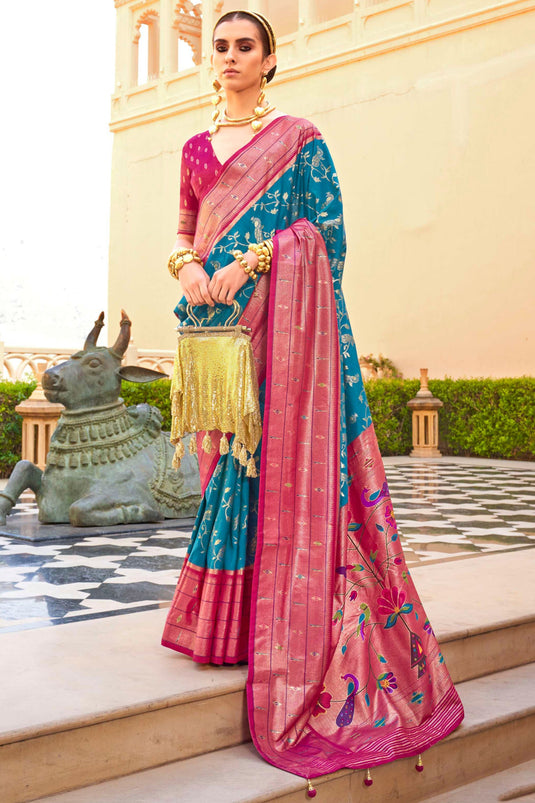 Marvellous Paithini Printed Design On Art Silk Fabric Saree In Cyan Color