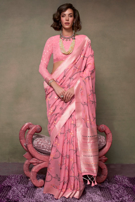 Pink Color Gorgeous Festive Wear Cotton Saree With Printed Work