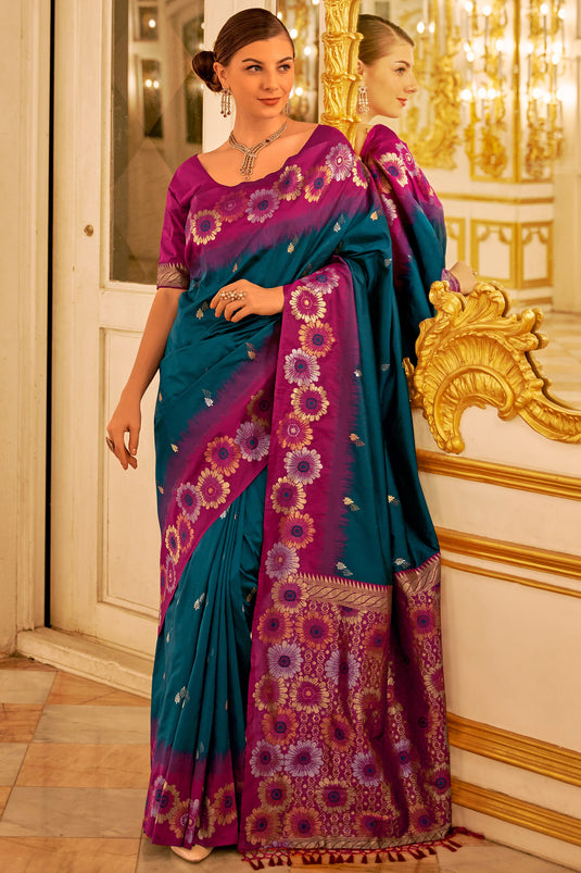 Alluring Weaving Work Teal Color Banarasi Silk Saree