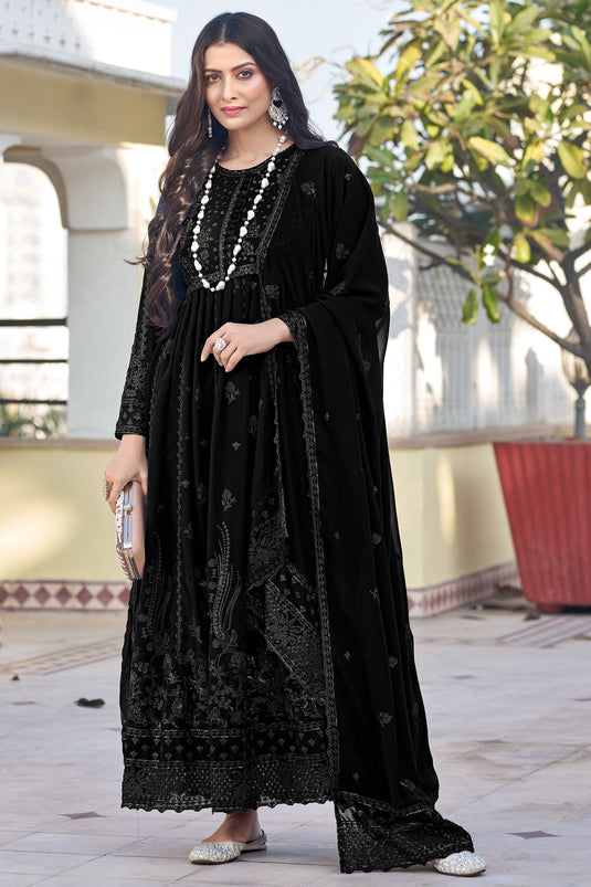 Dazzling Georgette Fabric Black Color Embroidered Anarkali Suit