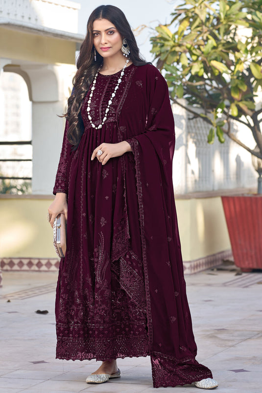 Radiant Wine Color Georgette Fabric Embroidered Anarkali Suit