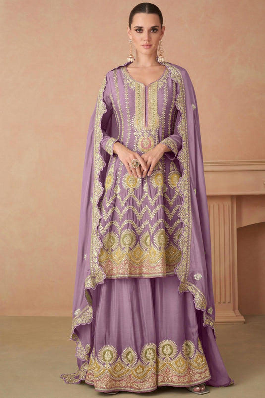 Eugeniya Belousova Lavender Color Chinon Fabric Glamorous Palazzo Suit