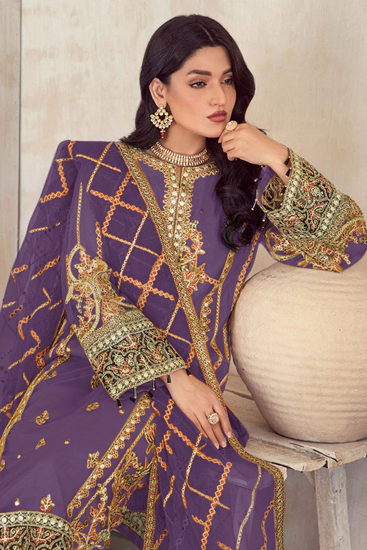 Organza Fabric Lavender Color Supreme Embroidered Pakistani Suit