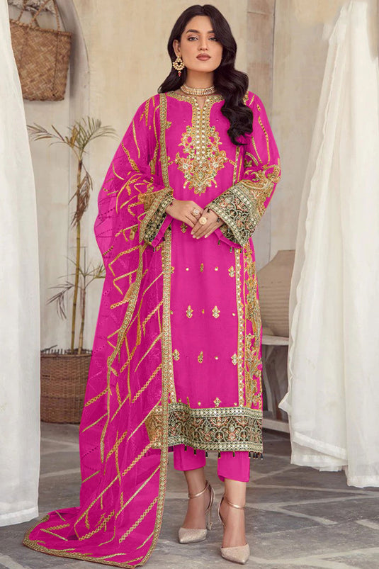 Excellent Organza Fabric Pink Color Embroidered Pakistani Suit