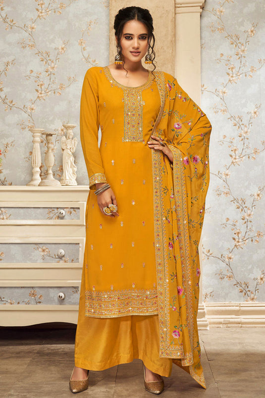 Fascinating Yellow Color Georgette Fabric Embroidered Palazzo Suit