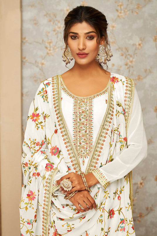 Dazzling Georgette Fabric White Color Embroidered Palazzo Suit
