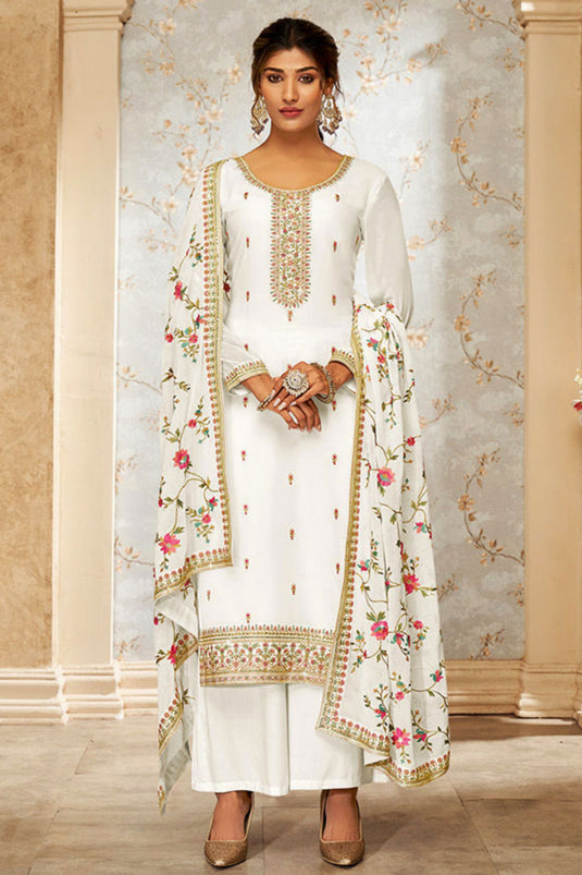 Dazzling Georgette Fabric White Color Embroidered Palazzo Suit