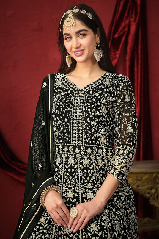 Tempting Georgette Fabric Black Color Embroidered Anarkali Suit