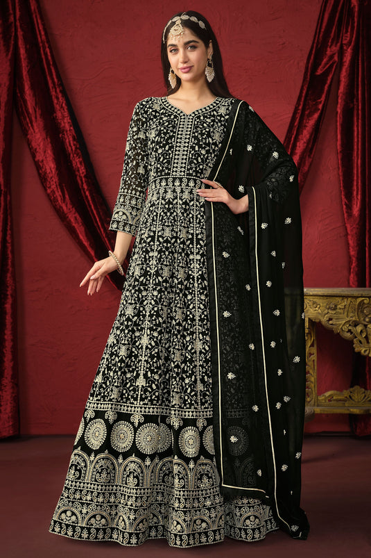 Tempting Georgette Fabric Black Color Embroidered Anarkali Suit