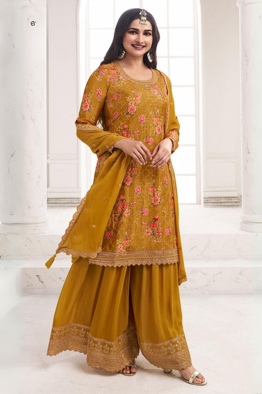 Prachi Desai Mustard Color Chinon Fabric Floral Printed Tempting Palazzo Suit