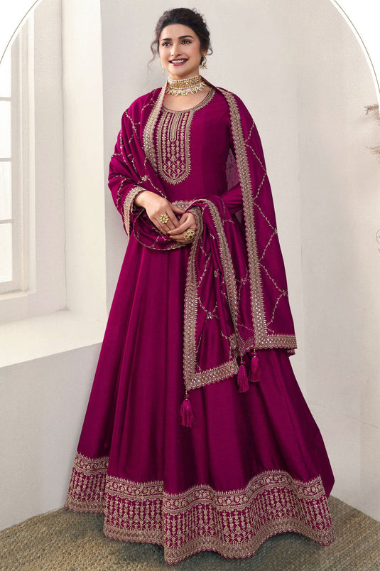 Prachi Desai Tempting Art Silk Fabric Magenta Color Embroidered Anarkali Suit