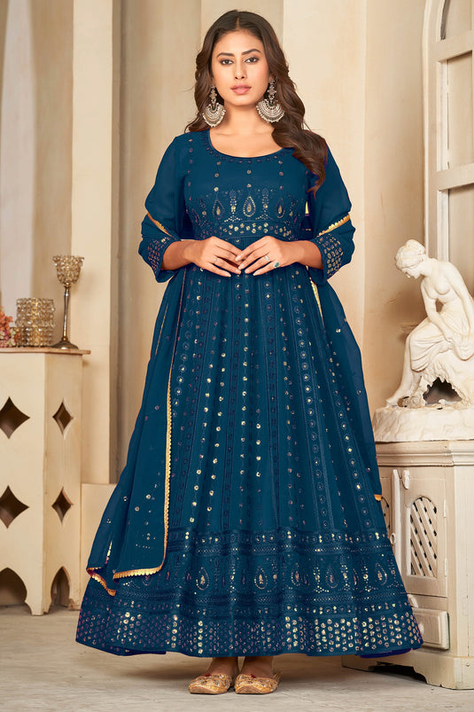 Glamorous Georgette Fabric Teal Color Sequins Embroidered Anarkali Suit